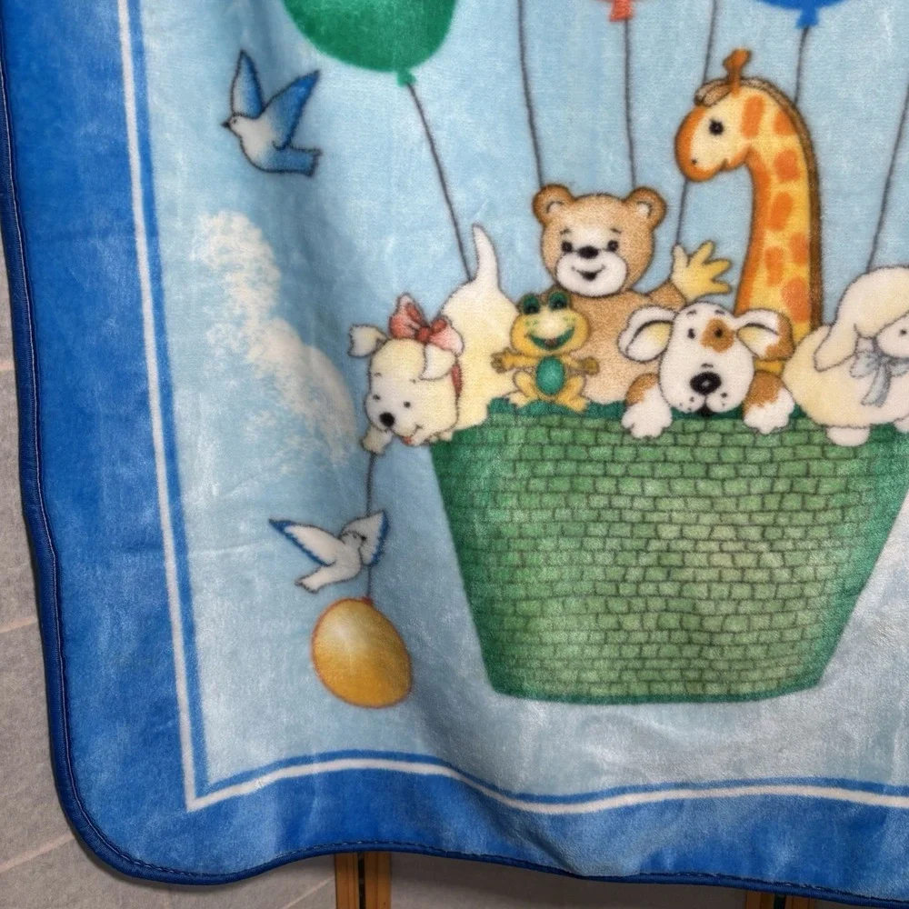 Vintage NovaTex Baby Blanket‎ Hot Air Balloon Nursery Animals Zoo Clouds 43 X 51